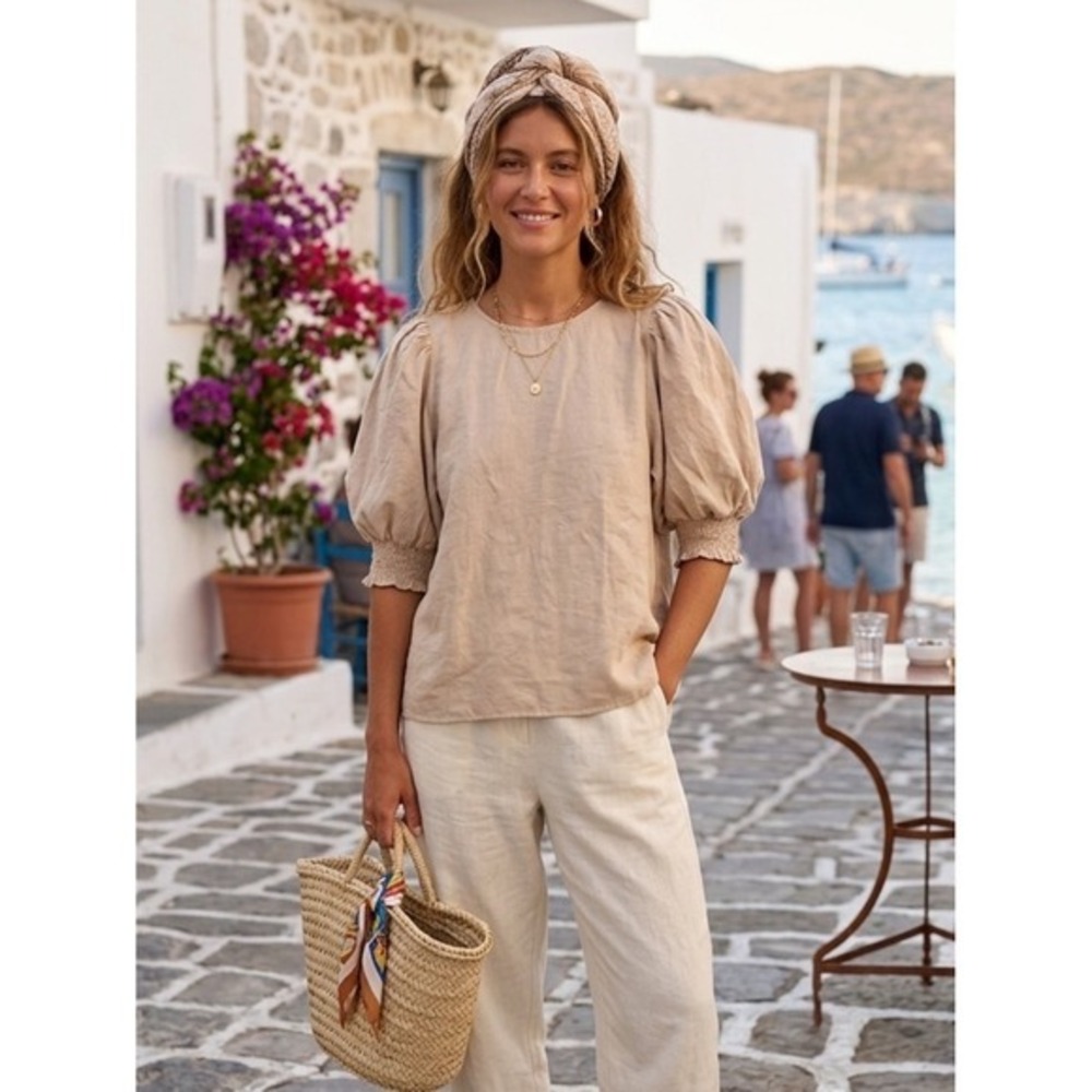 Mustard Seed Beige Puff Half Sleeve Smocked Cuff Blouse S Euro Summer‎ Coastal